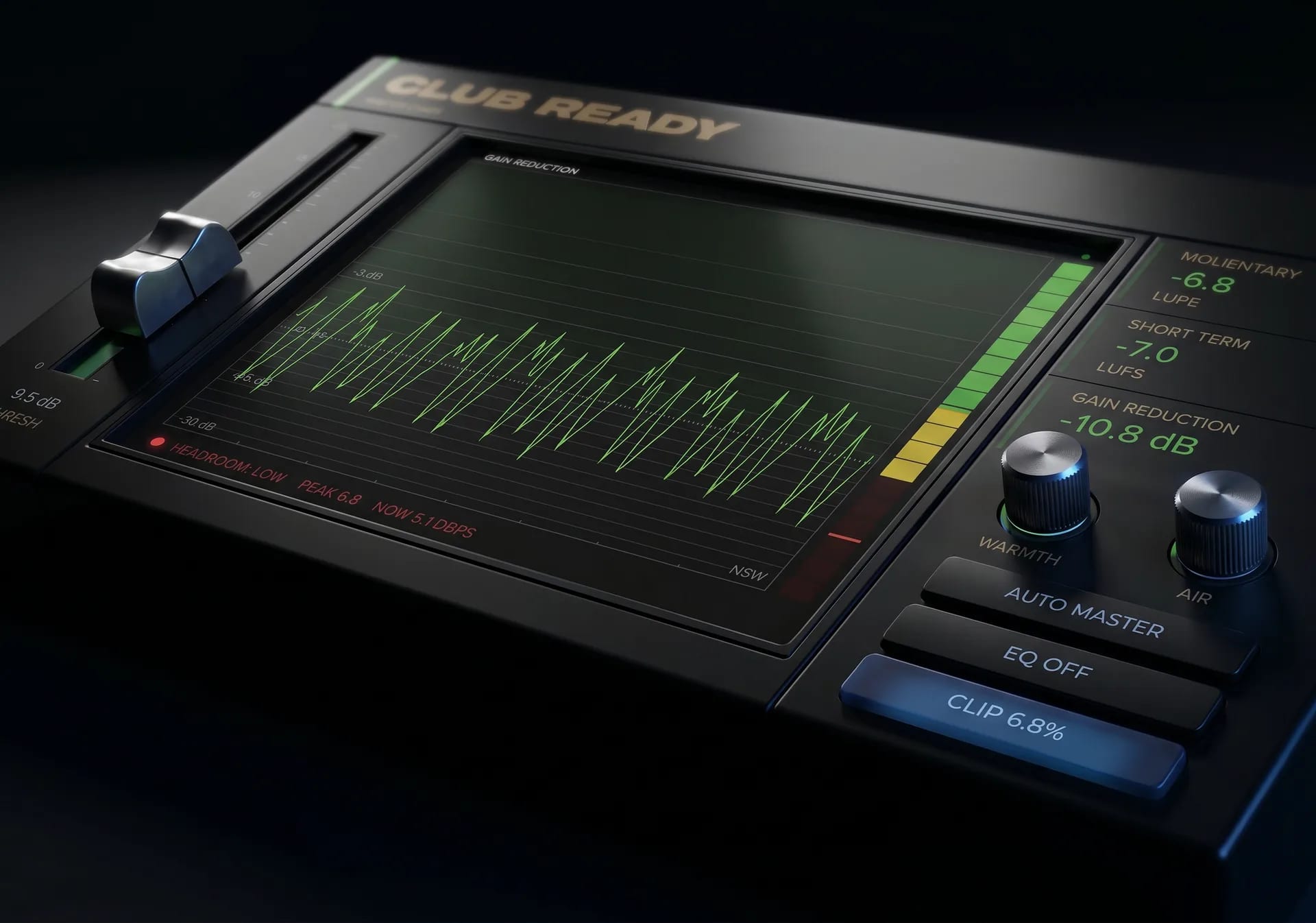 Close-up of the Mastering Plugin hardware interface under dramatic lighting